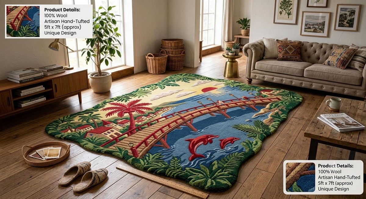 3D Coastal Area Rug, Hand-Tufted Pier Scene, Blue Waters with Pink Dolphins | 100% New Zealand Wool | Made to Order