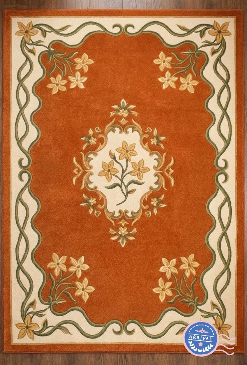 Hand-Tufted Terracotta Floral Medallion Rug – Sage Green Ribbon Border | 100% Wool | Made to Order