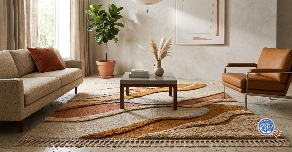 Handcrafted in India Abstract Wave Wool Rug – 3D Carved Topographical Sand Dune Area Carpet | Made to Order