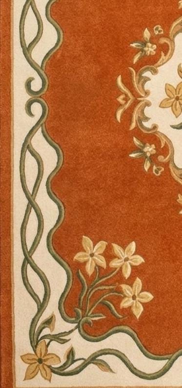 Hand-Tufted Terracotta Floral Medallion Rug – Sage Green Ribbon Border | 100% Wool | Made to Order