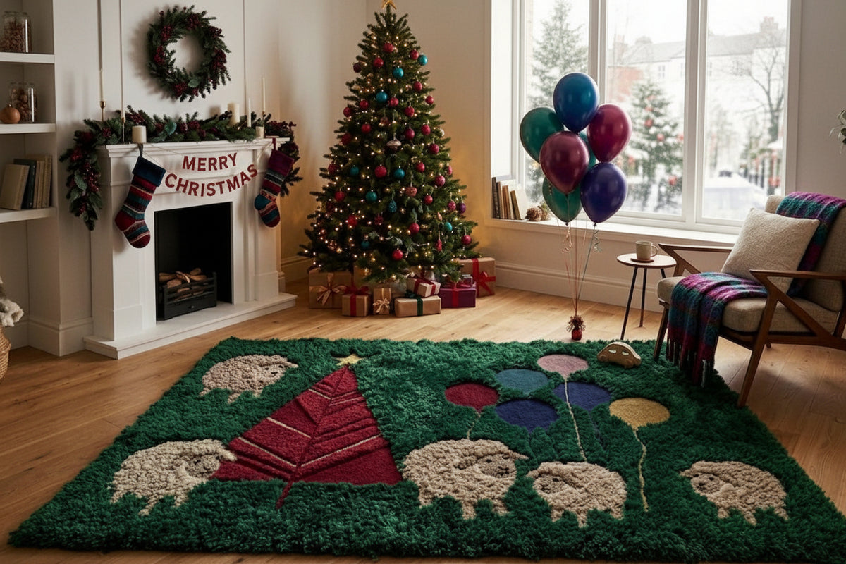 A green shag area rug with a festive Christmas design featuring sheep, a red Christmas tree, and colorful balloons, styled in a cozy living room next to a fireplace and decorated tree.