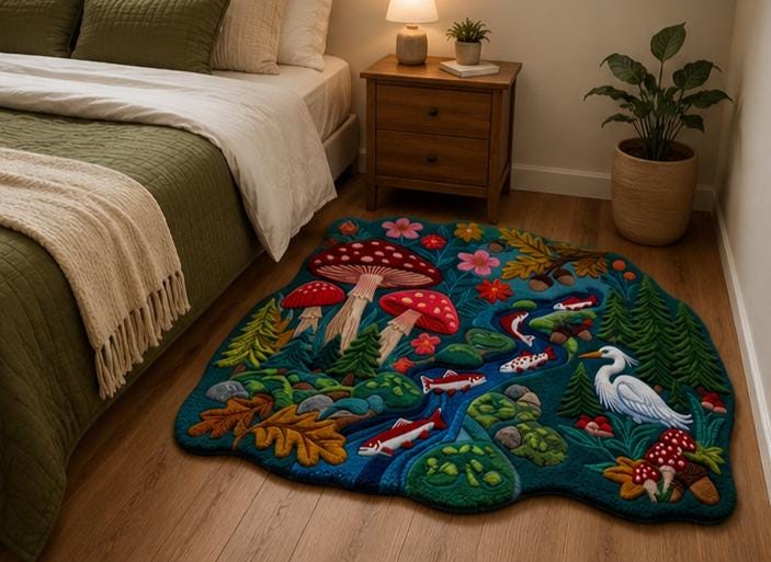 Enchanted 3D Sculpted Forest Stream & Mushroom Hand-Tufted Rug | 100% New Zealand Wool | Made to Order