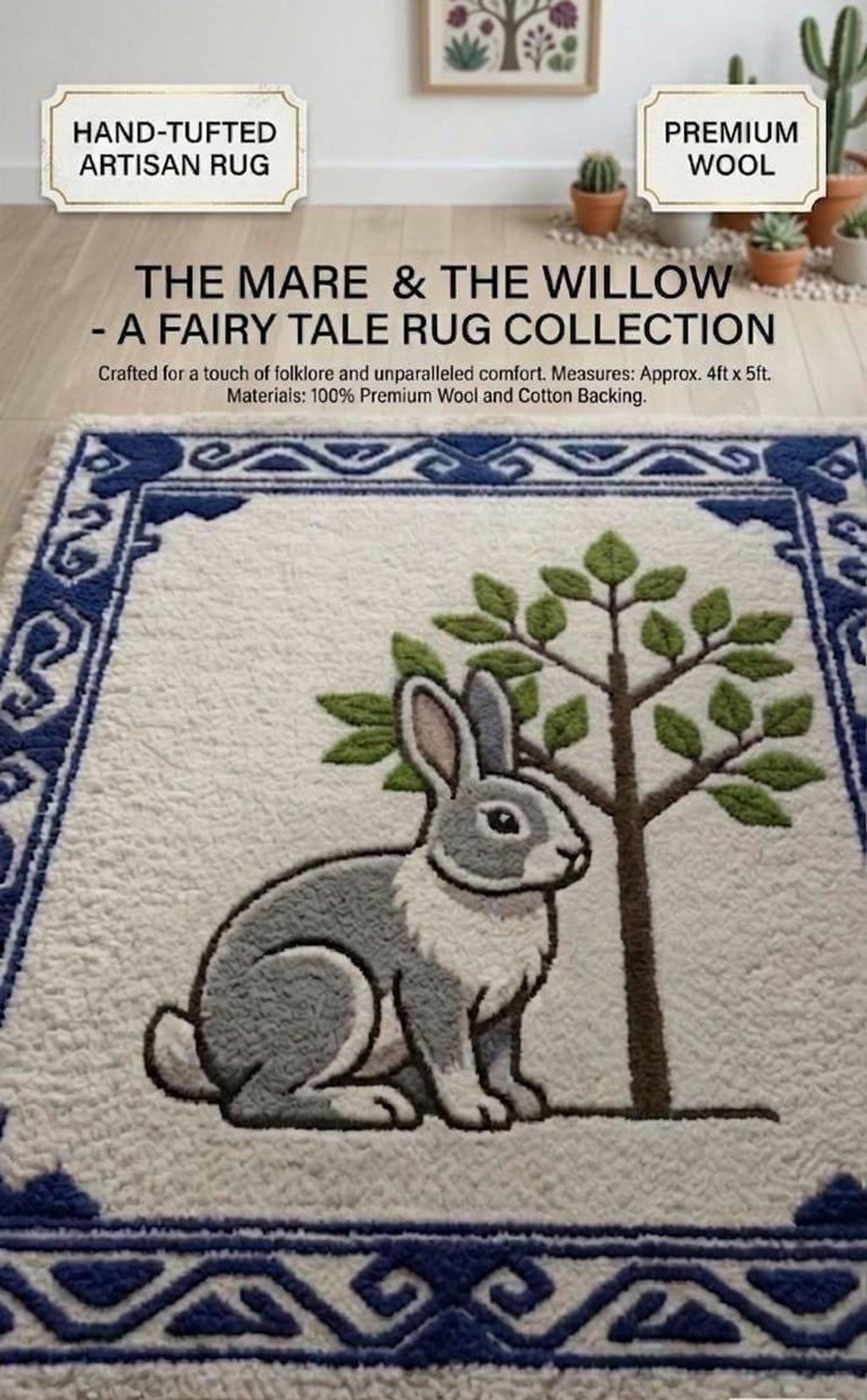 Hand-Tufted Rabbit Wool Rug | Blue Willow Fairy Tale Nursery Carpet | Made to Order