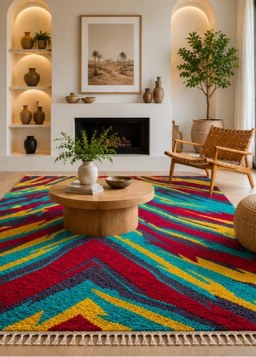 Hand Knotted Wool Area Rug – Shaggy Abstract Chevron | Free Doorstep Delivery to USA (Made to Order)