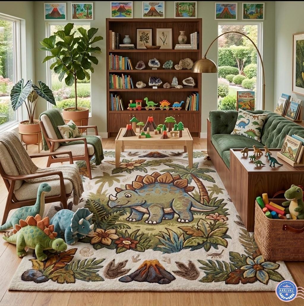 Hand-Made Wool Triceratops Rug – Prehistoric Jungle Kids Playroom Carpet | 100% New Zealand Wool | Made to Order