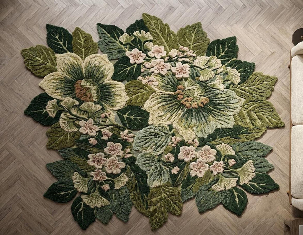 Carved Leaf Carpet, Hand-Made Wool Rug for Bedroom, Green Botanical Decor | Made to Order