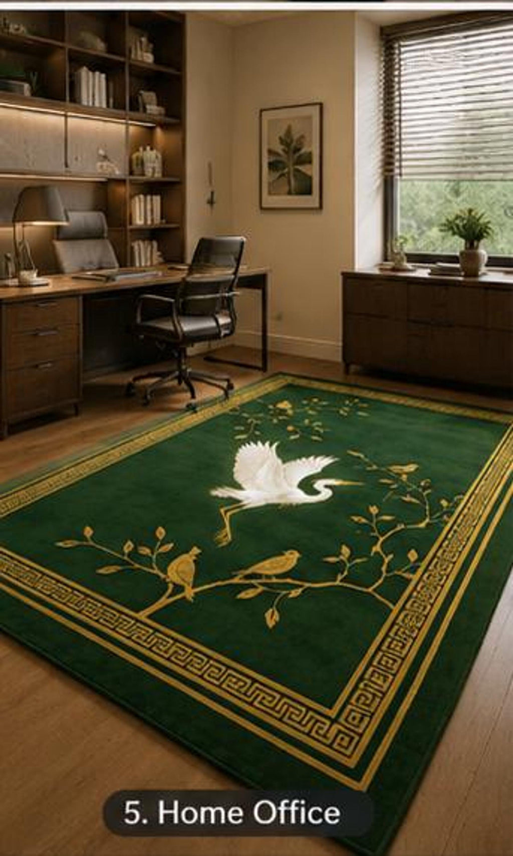 Chinoiserie Crane Rug, Hand-Tufted Emerald Carpet, Gold Songbird Accent | 100% New Zealand Wool | Made to Order