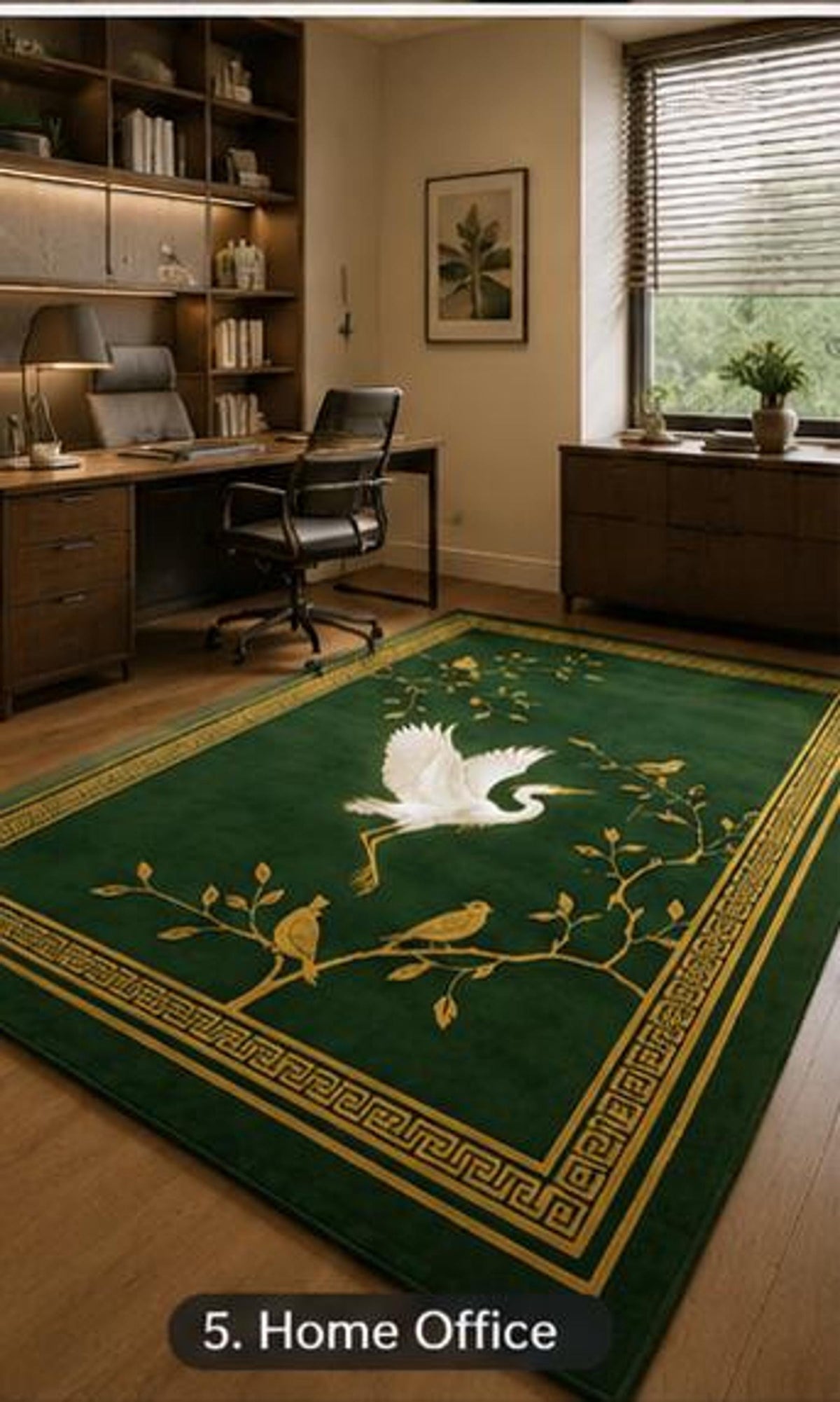 Chinoiserie Crane Rug, Hand-Tufted Emerald Carpet, Gold Songbird Accent | 100% New Zealand Wool | Made to Order