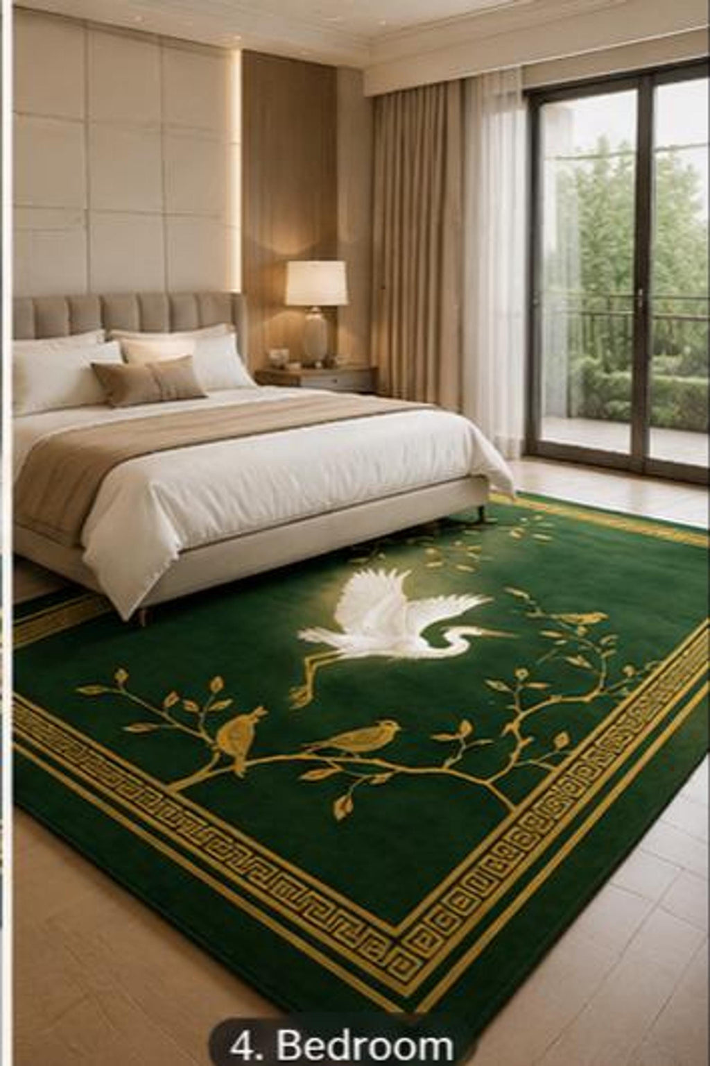 Chinoiserie Crane Rug, Hand-Tufted Emerald Carpet, Gold Songbird Accent | 100% New Zealand Wool | Made to Order