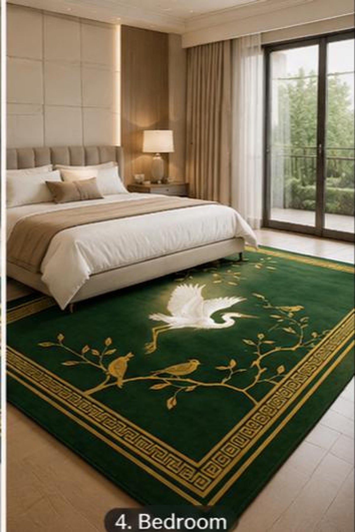 Chinoiserie Crane Rug, Hand-Tufted Emerald Carpet, Gold Songbird Accent | 100% New Zealand Wool | Made to Order