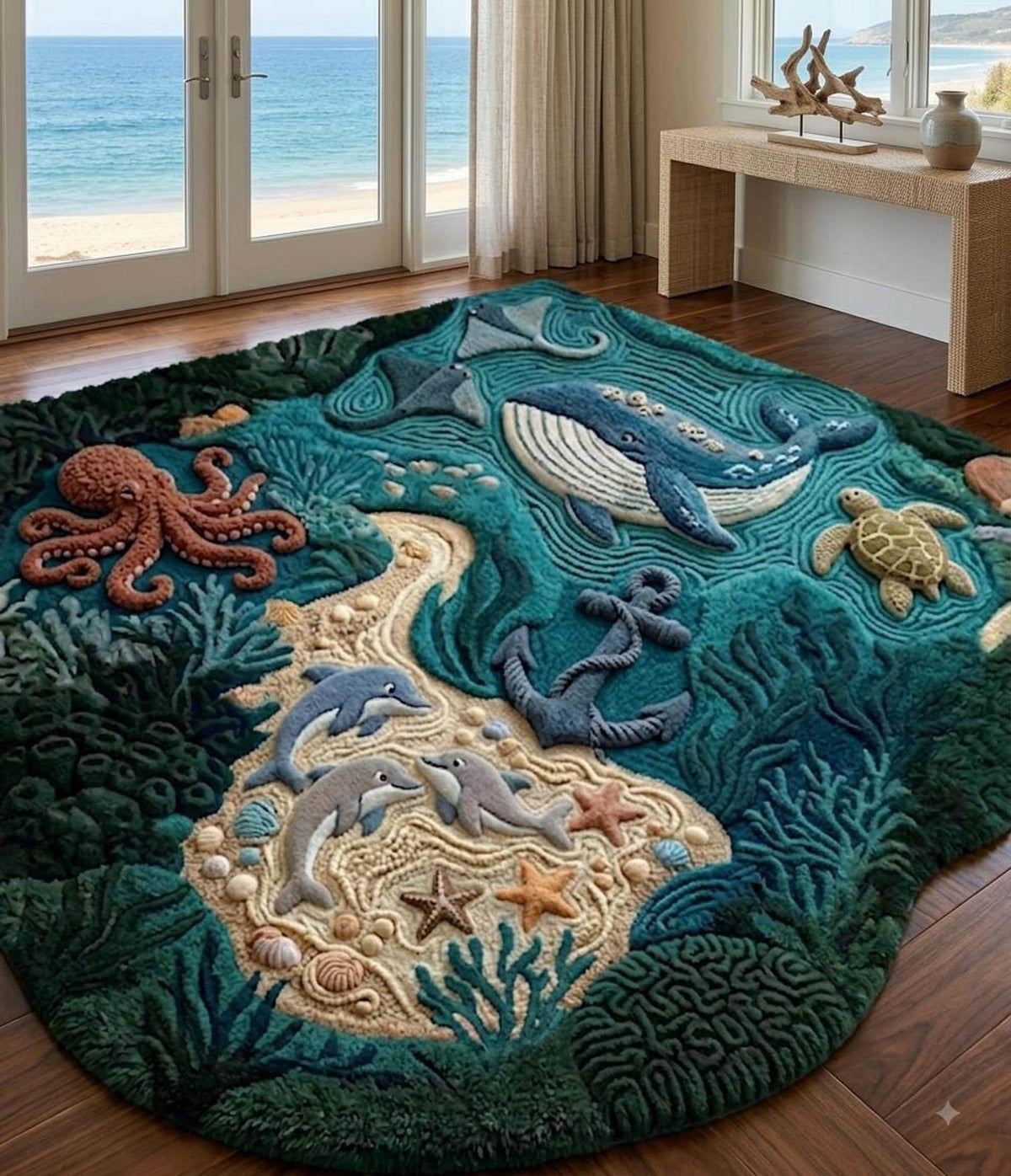 3D Ocean Area Rug, Deep Sea Kids Carpet for Playrooms, Hand-Tufted Marine Life Design | 100% New Zealand Wool | Made to Order