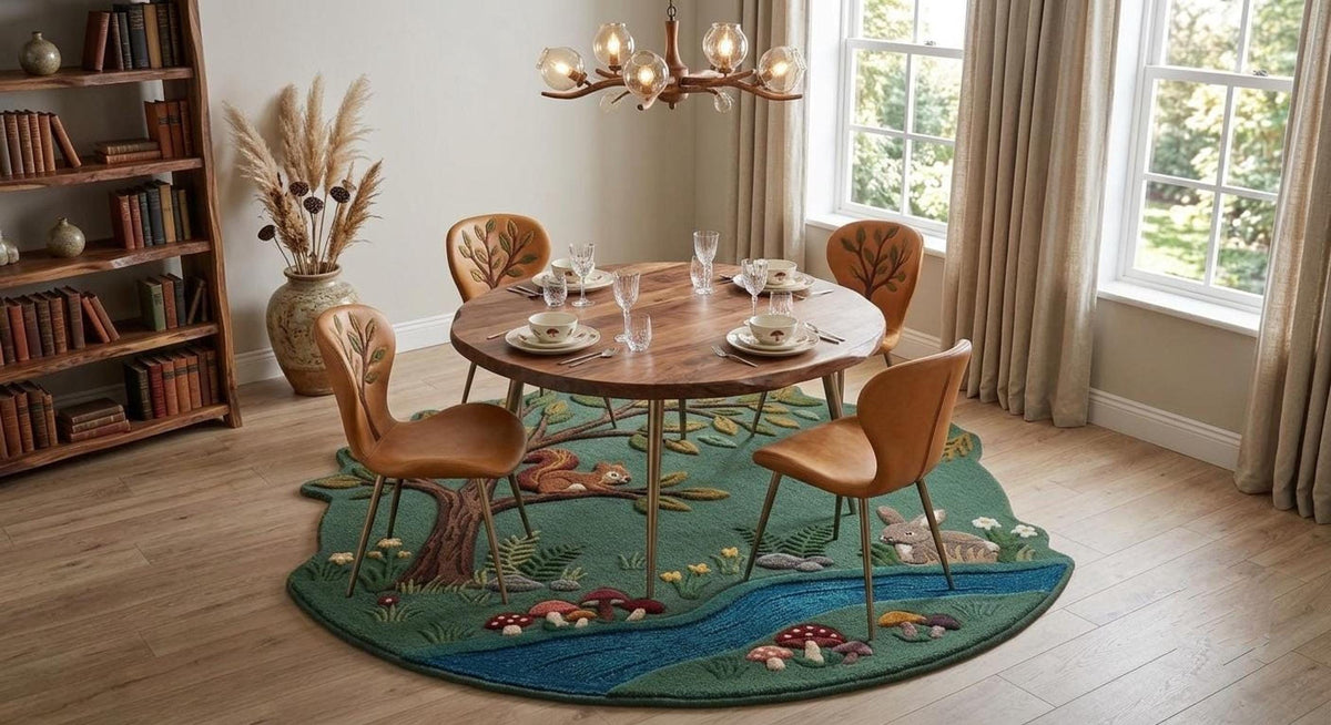 Forest Meadow Rug, Woodland Animal Room Decor, 3D Squirrel and Rabbit Design | 100% New Zealand Wool | Made to Order