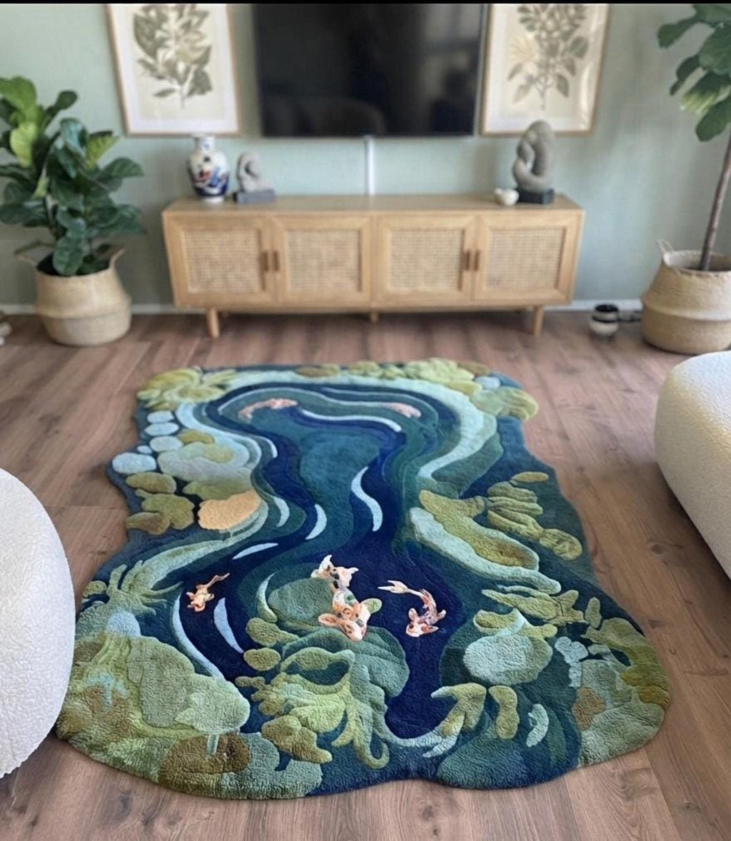 Koi Pond Rug, Sculpted Floor Art for Zen Spaces, Custom Wool Carpet | Made to Order