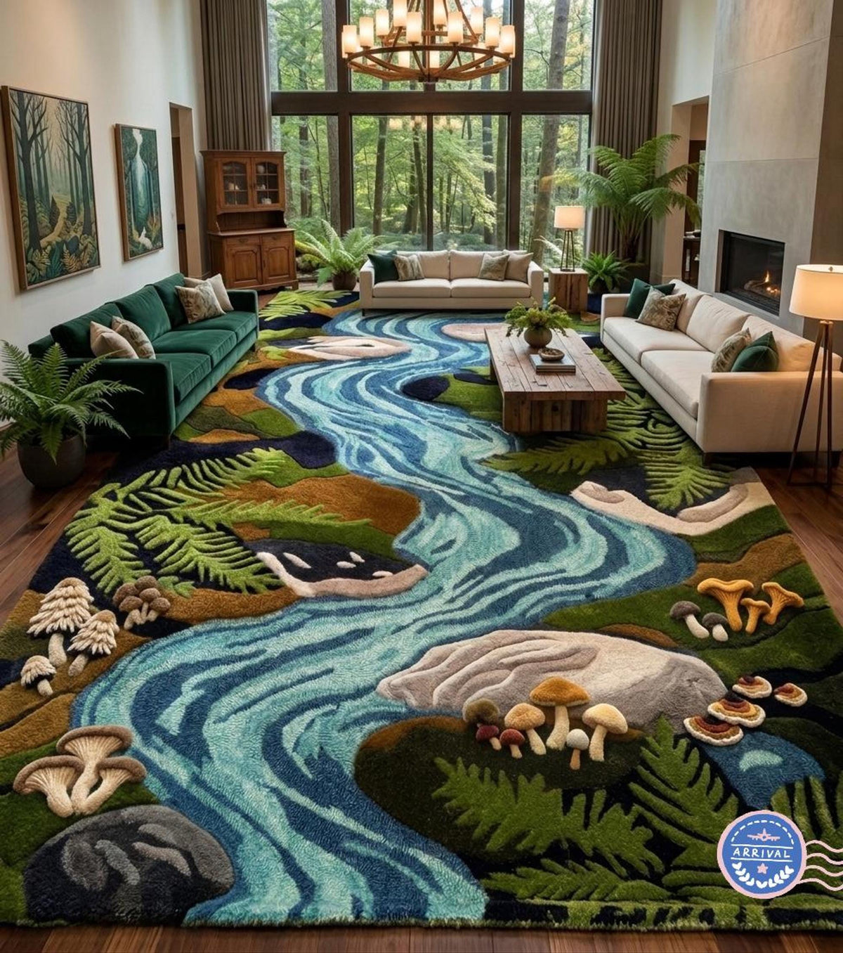 3D River Area Rug, Handmade Wool Pile with Sculpted Boulders, Mushroom and Fern Woodland Decor | Made to Order