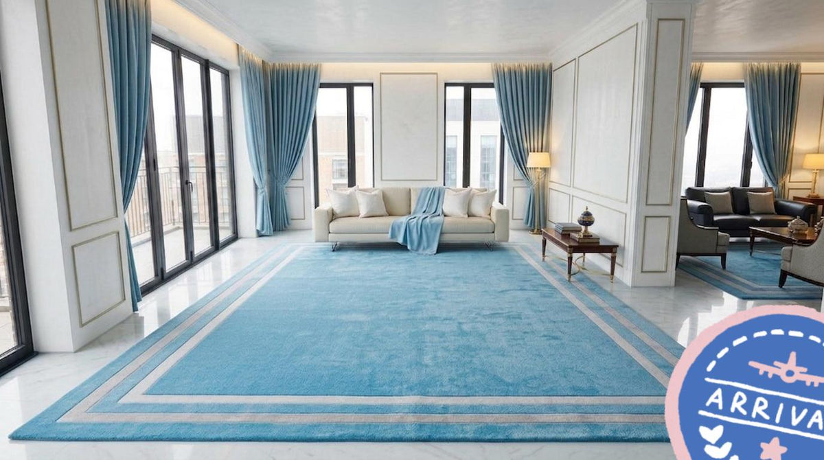 Handcrafted Sky Blue Wool Rug – Modern Minimalist Double Border Area Carpet | Made to Order