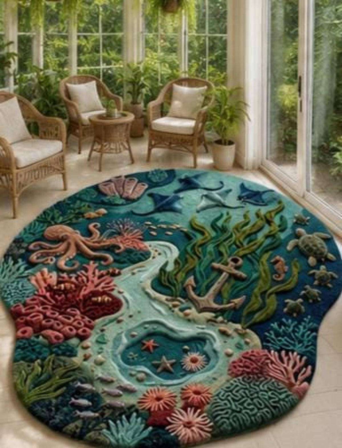 3D Ocean Area Rug, Hand-Tufted Wool Reef Scene, Octopus and Sea Turtle Kids Decor | 100% New Zealand Wool | Made to Order