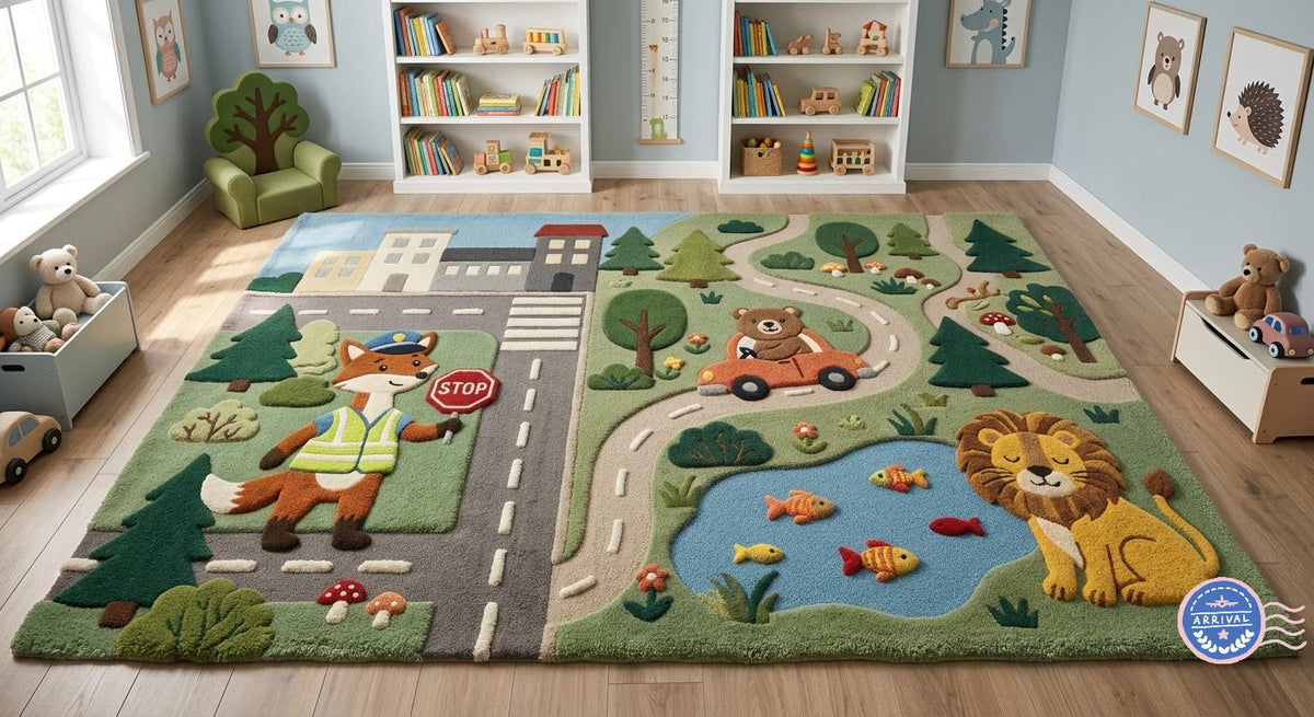 Interactive 3D Sculpted Town Road Animals Hand-Tufted Rug – Woodland Fox, Bear & Lion Kids Playmat | Made to Order