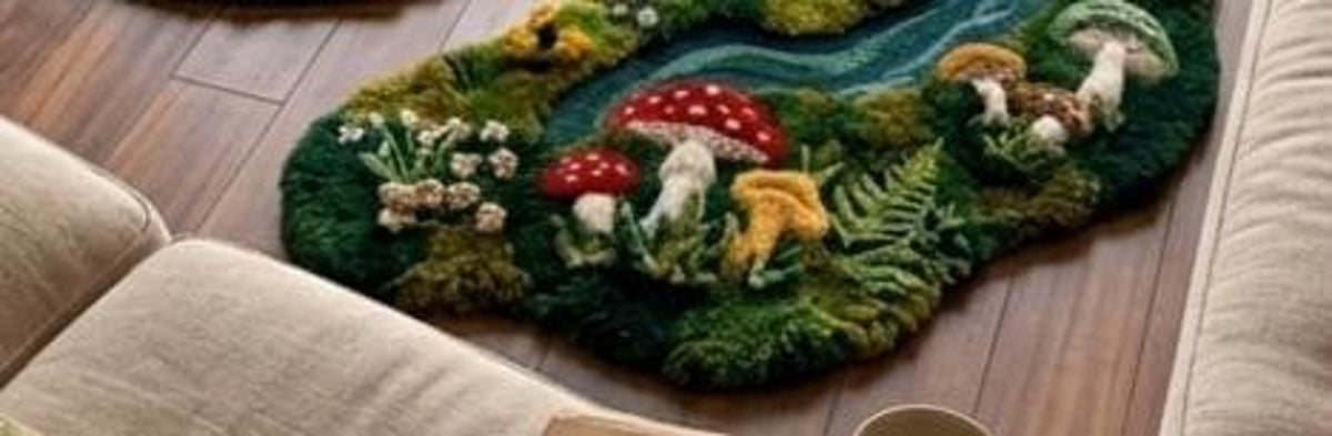 3D Mushroom Rug, Hand-Tufted Cottagecore Floor Decor, Fairycore Aesthetic Woodland Pathway | 100% New Zealand Wool | Made to Order