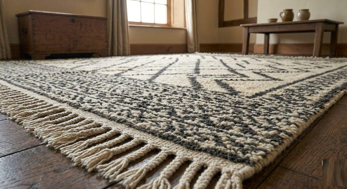 Hand Knotted Wool Area Rug – Black & Cream Fringed Farmhouse Style | Free Doorstep Delivery to USA (Made to Order)