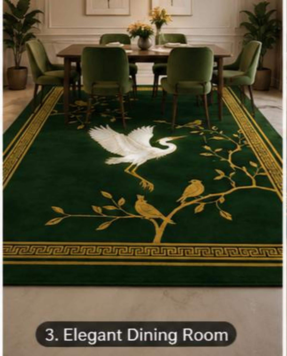 Chinoiserie Crane Rug, Hand-Tufted Emerald Carpet, Gold Songbird Accent | 100% New Zealand Wool | Made to Order