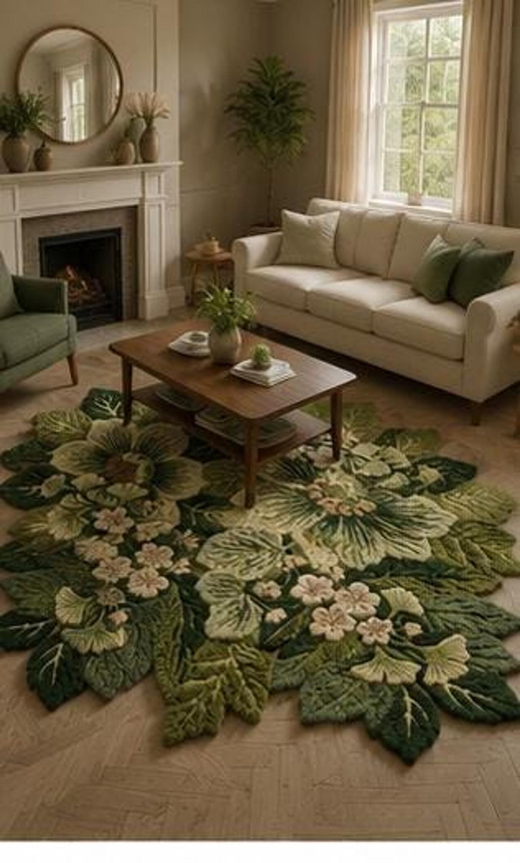 Carved Leaf Carpet, Hand-Made Wool Rug for Bedroom, Green Botanical Decor | Made to Order