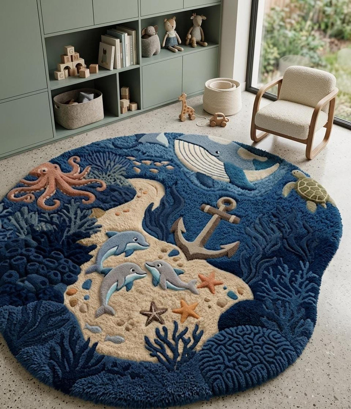 3D Ocean Area Rug, Deep Sea Kids Carpet for Playrooms, Hand-Tufted Marine Life Design | 100% New Zealand Wool | Made to Order
