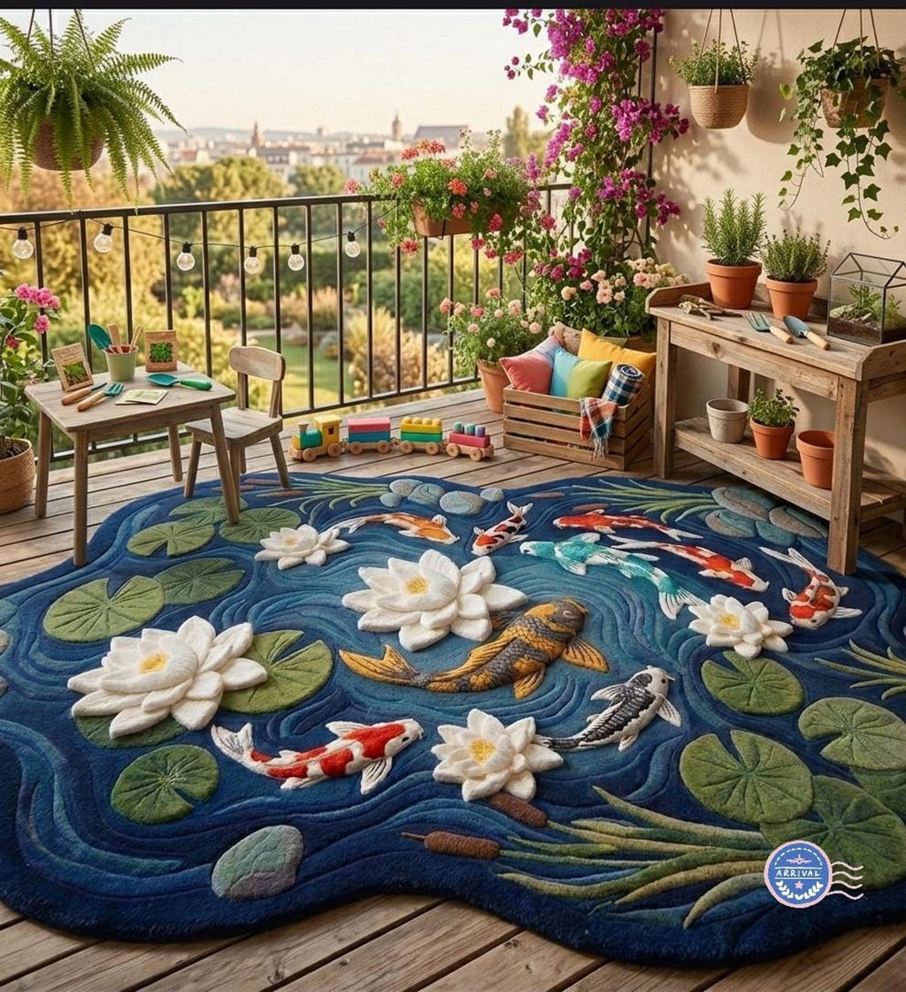 Koi Fish Area Rug, Irregular Shape Mat for Zen Bedrooms, Hand-Carved Wool Lotus Pond Design | Made to Order