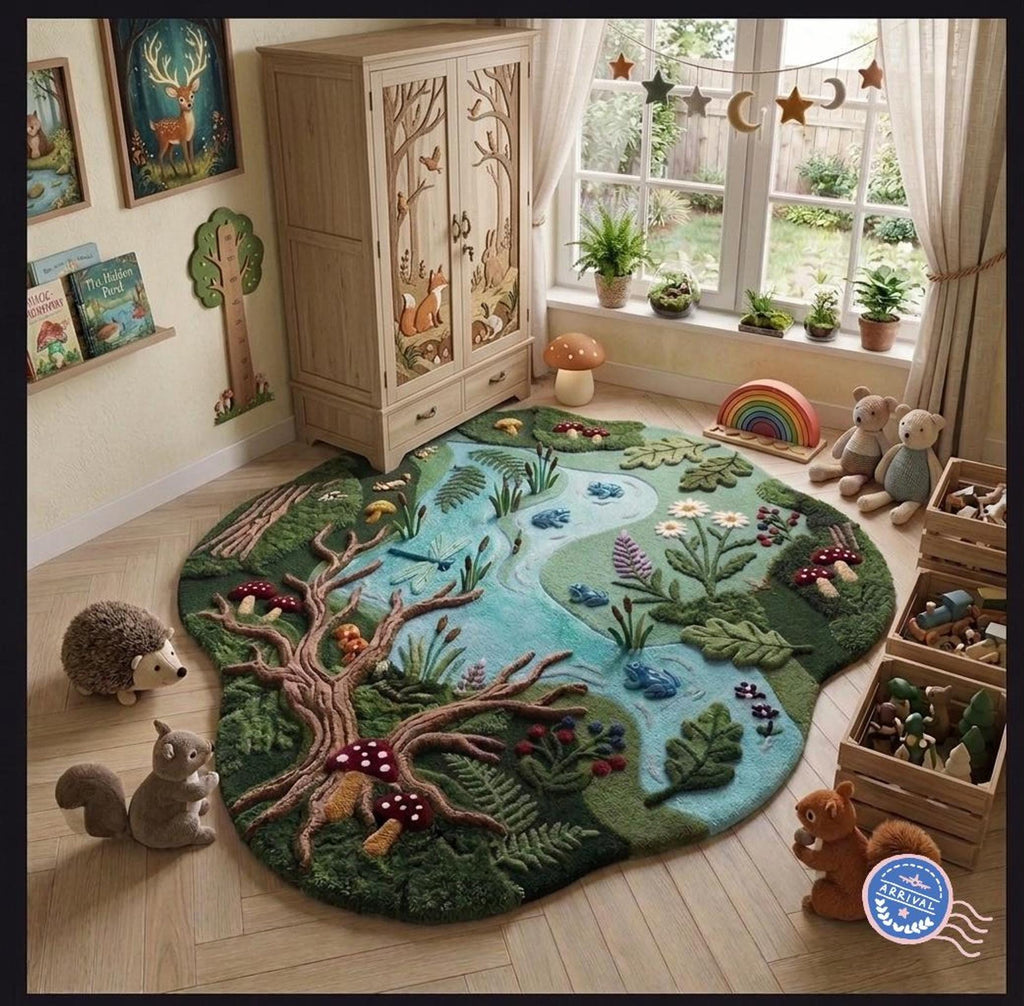 Woodland Nursery Rug, Hand-Carved Wool Forest Pond, Irregular Shape Mat for Kids | Made to Order