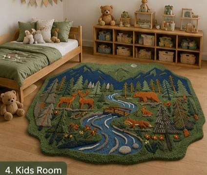 Hand-Carved Wool Forest Wildlife Rug – Mountain Stream, Deer, Bear, Fox Scene | Made to Order