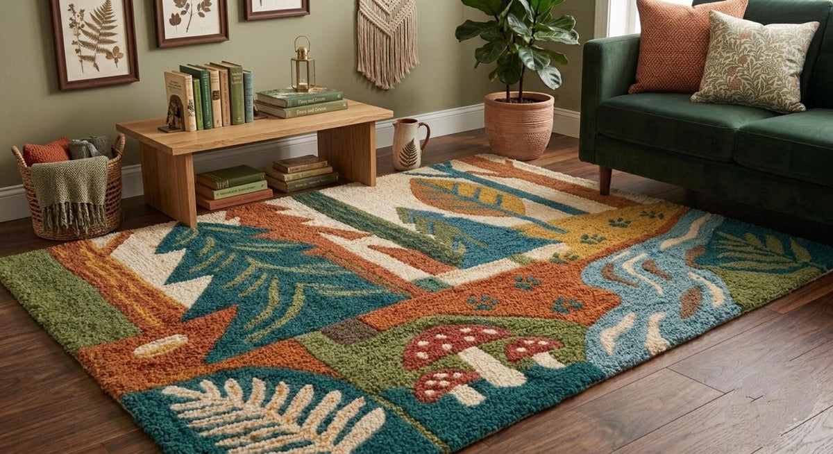 Forest Landscape Area Rug, 3D Leaf Pattern for Woodland Decor, Hand-Tufted Mat | 100% New Zealand Wool | Made to Order