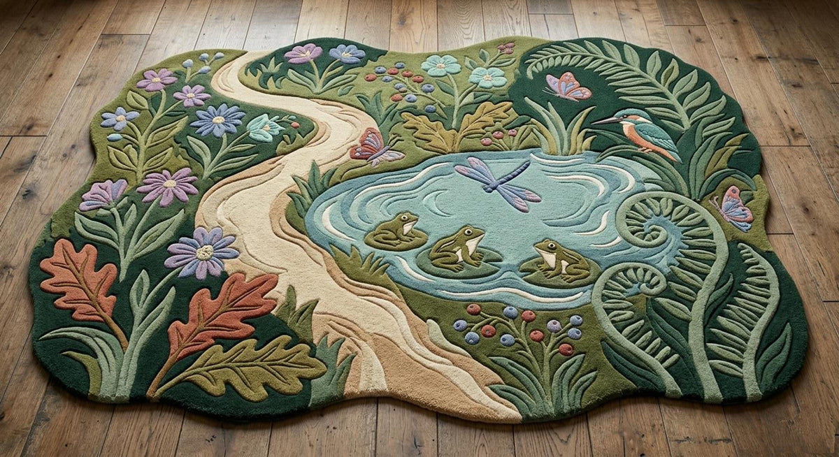 Frog Pond Area Rug, Cottagecore Mat for Fairycore Rooms, Hand Tufted Wool Woodland Decor | Made to Order