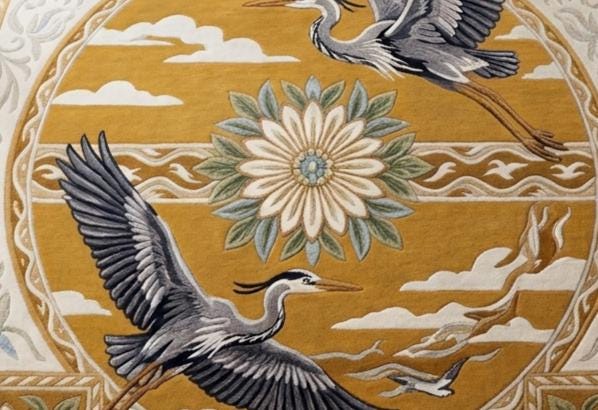 Flying Herons Baroque Border Rug – Ochre Gold & Slate Blue | 100% New Zealand Wool | Made to Order