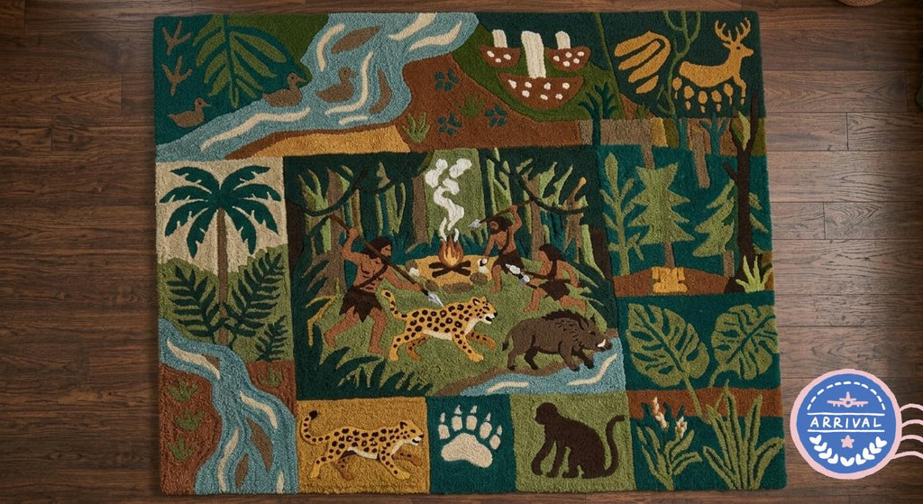 Hand-Made Wilderness Collage Rug, 3D Textured Campfire Storytelling Carpet | 100% New Zealand Wool | Made to Order