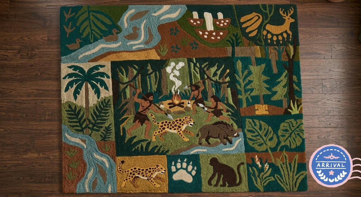 Hand-Made Wilderness Collage Rug, 3D Textured Campfire Storytelling Carpet | 100% New Zealand Wool | Made to Order