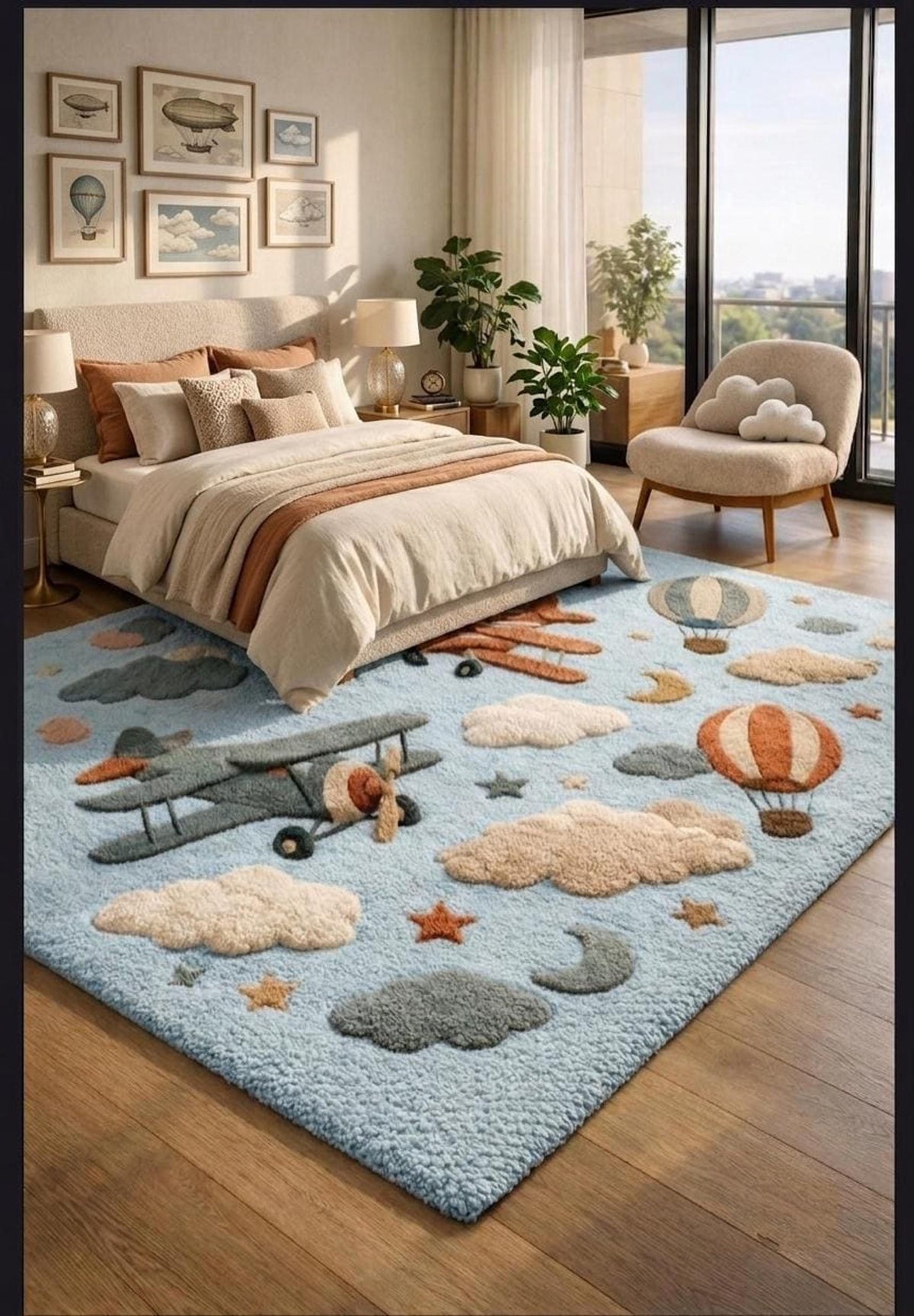 Airplane Nursery Rug, Kids Sky Adventure Room Decor, Handmade Wool Tufted Mat | Made to Order