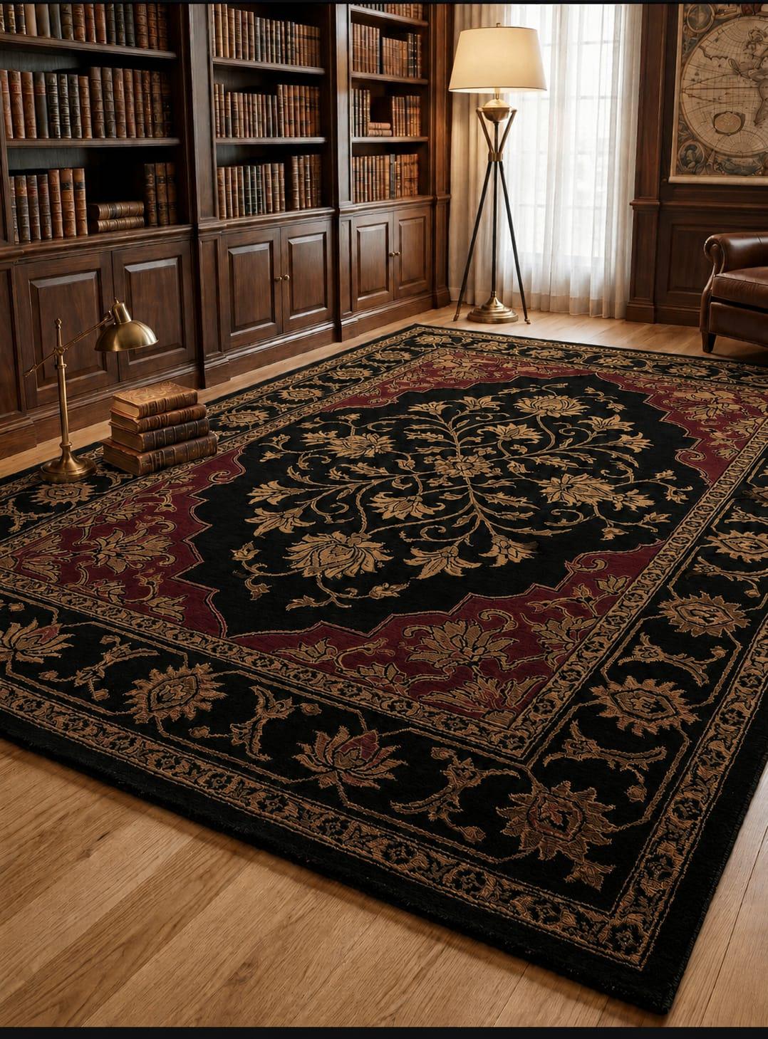 Hand Knotted Wool Area Rug – Black & Gold Persian Style Oriental | Free Doorstep Delivery to USA (Made to Order)