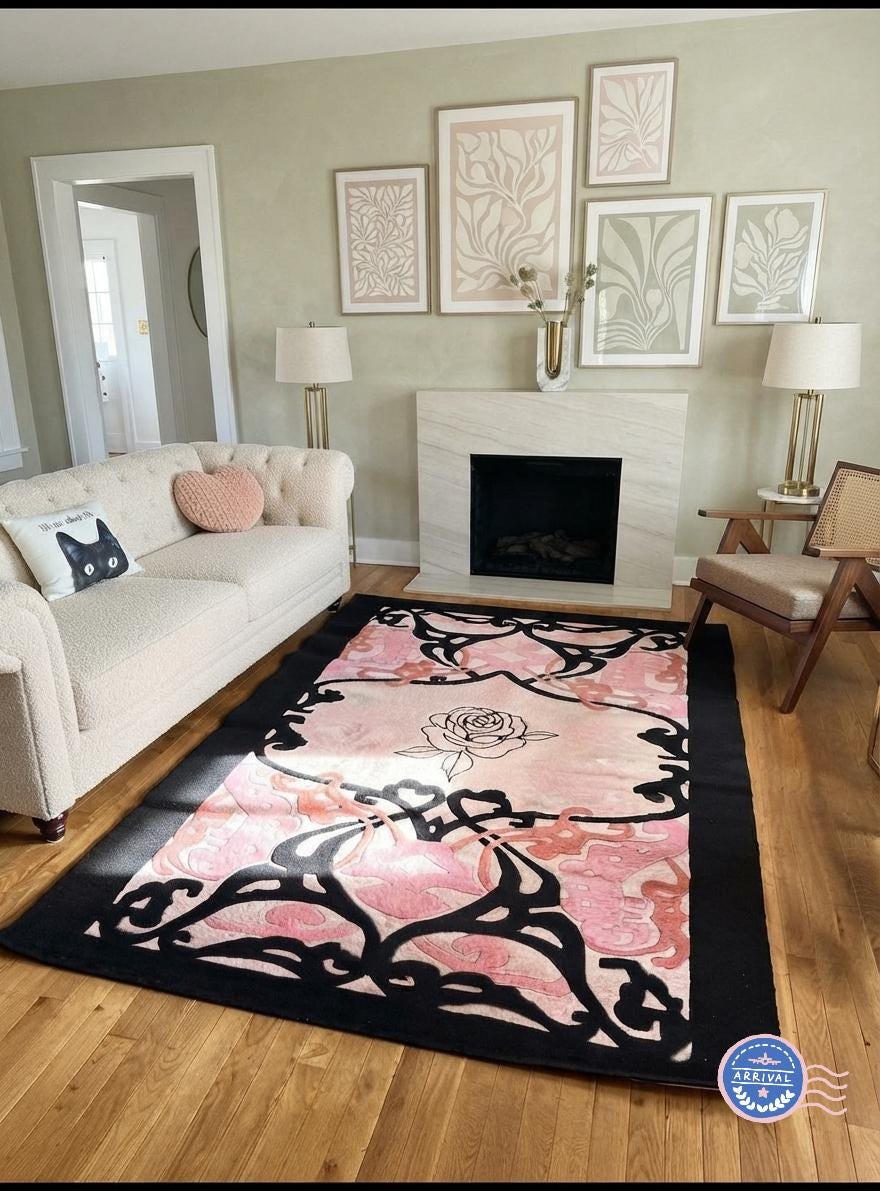 Hand-Made Trending Rose Area Rug – Modern Minimalist High Pile, Art Nouveau Border | Made to Order