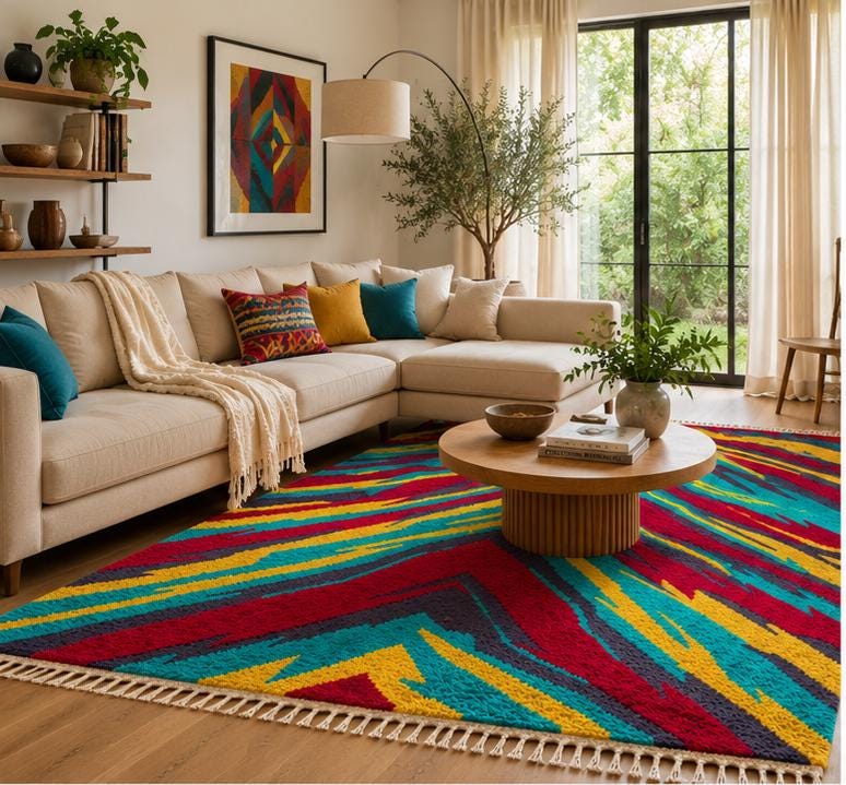 Hand Knotted Wool Area Rug – Shaggy Abstract Chevron | Free Doorstep Delivery to USA (Made to Order)