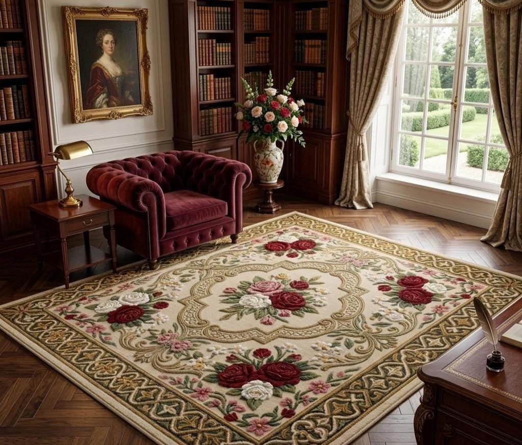Luxury Ivory Rug, Sculpted Medallion for a Mansion Library, Hand Tufted Wool Carpet | Made to Order