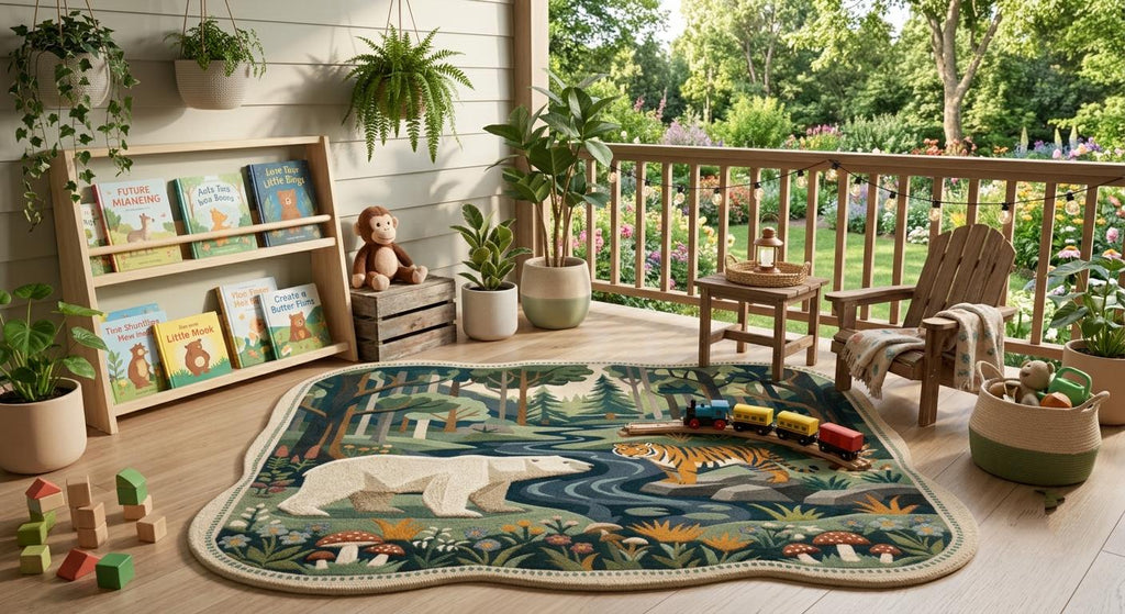 Hand-Made Wool Rug – Polar Bear Tiger Forest Scenery, Scalloped Edge Carpet | 100% New Zealand Wool | Made to Order