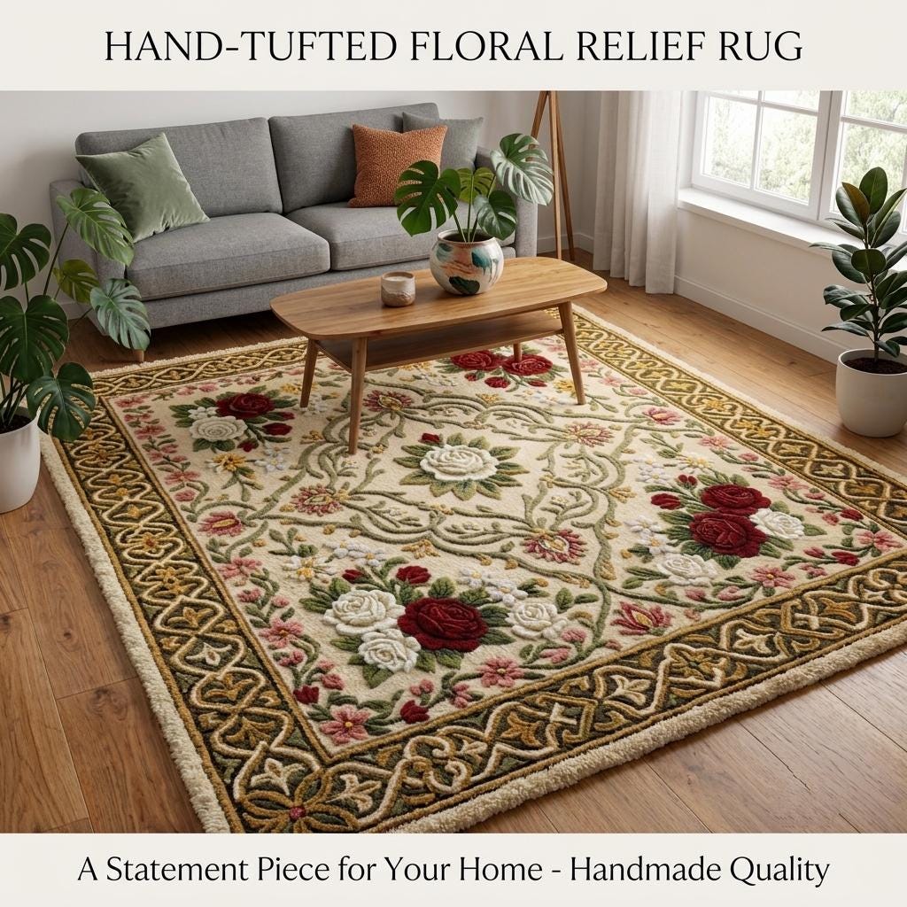 Luxury 3D Sculpted French Rose Medallion Hand-Tufted Rug – Red & White Floral Aubusson Carpet | Made to Order