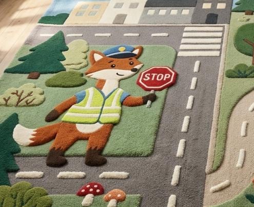 Interactive 3D Sculpted Town Road Animals Hand-Tufted Rug – Woodland Fox, Bear & Lion Kids Playmat | Made to Order