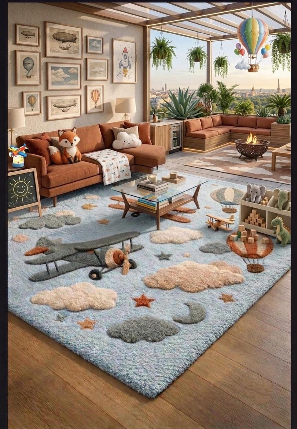 Airplane Nursery Rug, Kids Sky Adventure Room Decor, Handmade Wool Tufted Mat | Made to Order