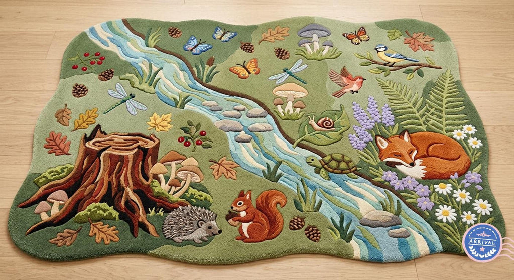 Woodland Animal Area Rug, Meadow Stream Carpet for a Storybook Nursery, Hand-Carved Wool Design | 100% New Zealand Wool | Made to Order