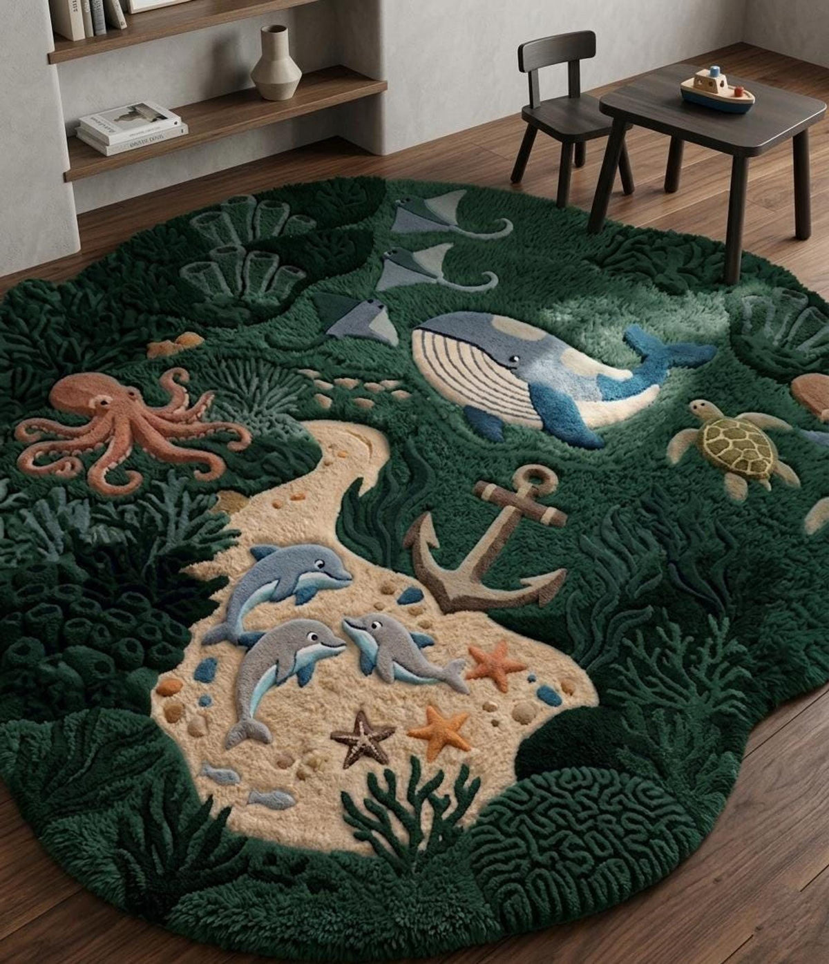 3D Ocean Area Rug, Deep Sea Kids Carpet for Playrooms, Hand-Tufted Marine Life Design | 100% New Zealand Wool | Made to Order