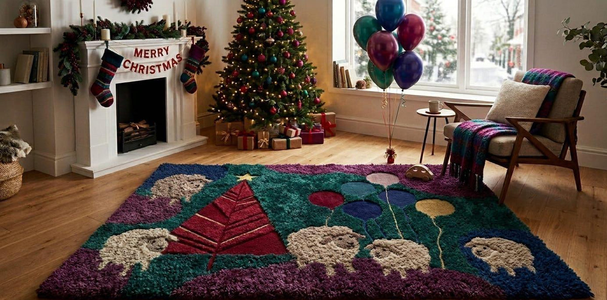 Handmade Moss Rug – Christmas Tree with Sheep & Balloons | Festive Wool Rug