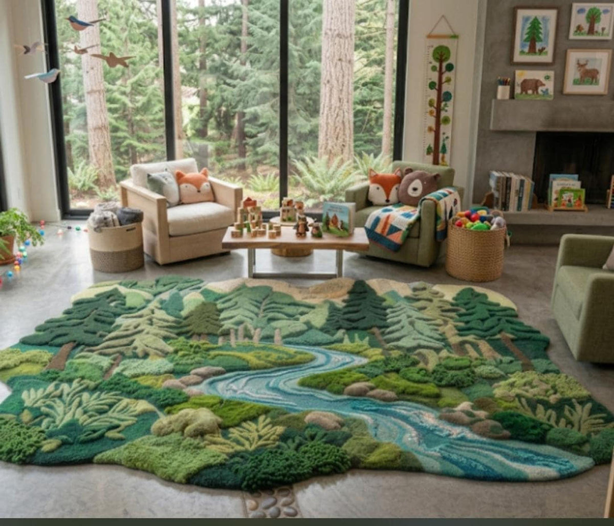 3D Landscape Rug, Mossy River Carpet for Nature Lovers, Handmade Wool Woodland Decor | Made to Order