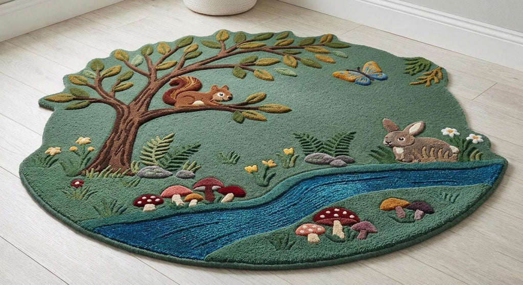 Forest Meadow Rug, Woodland Animal Room Decor, 3D Squirrel and Rabbit Design | 100% New Zealand Wool | Made to Order