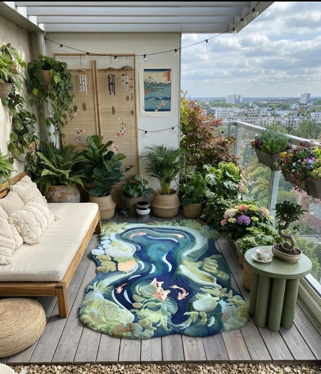 Koi Pond Rug, Sculpted Floor Art for Zen Spaces, Custom Wool Carpet | Made to Order