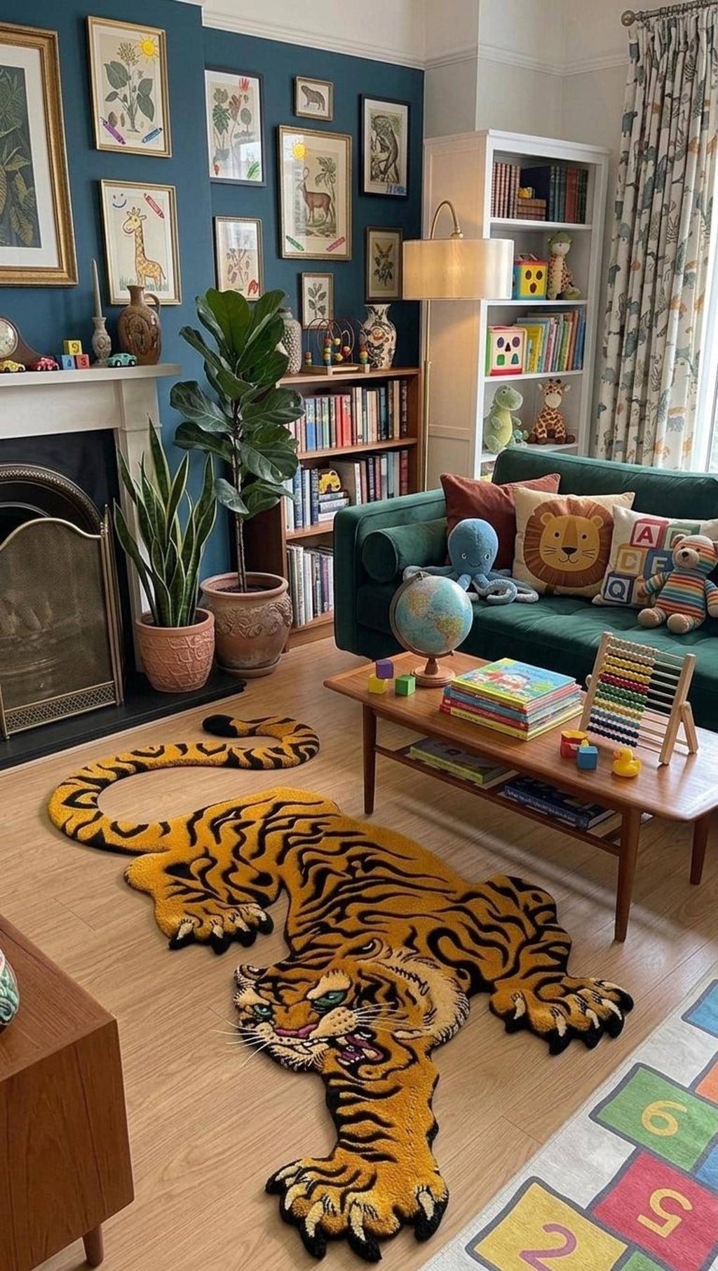 Tibetan Tiger Rug, Mustard Gold Crouching Silhouette, Hand-Made Wool Floor Art | Made to Order